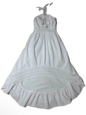 100% Peruvian Cotton White Halter Midi Dress with Fairy Hem Crochet Detail L